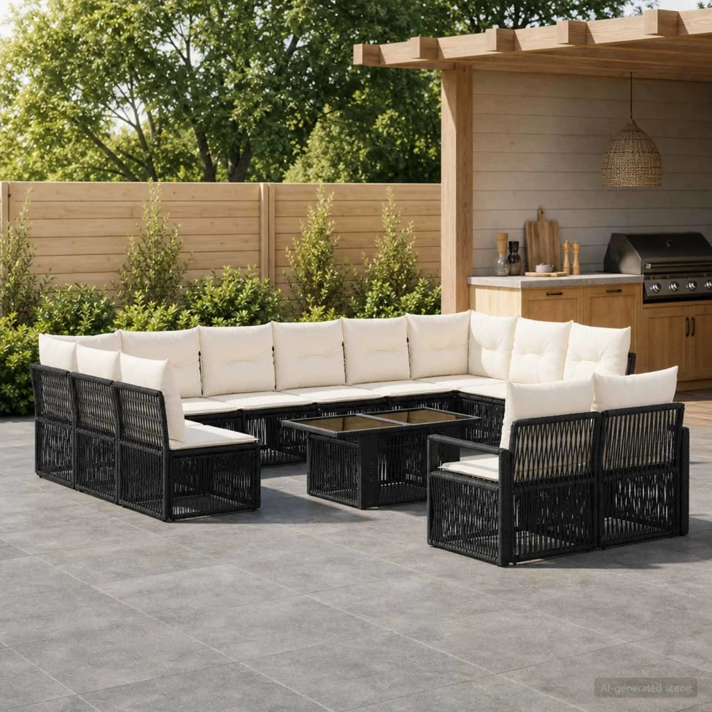 Set Divano da Giardino 13 pz Nero e Bianco Crema polyrattan 3437164