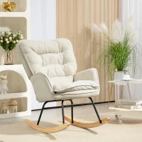 Sedia a Dondolo, Sedile Largo, Altezza Schienale, Telaio in Faggio, Fino a 120 kg, Beige