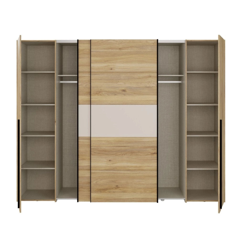 Armadio Callia con 2 ante scorrevoli e 2 battenti rovere e cashmere 270x61x210