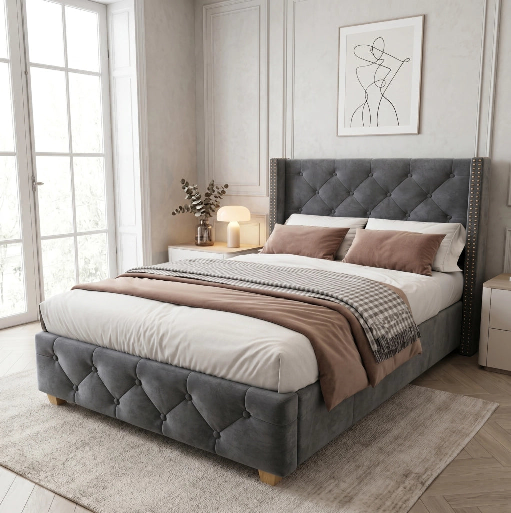 Letto singolo imbottito in velluto grigio 90x200 cm