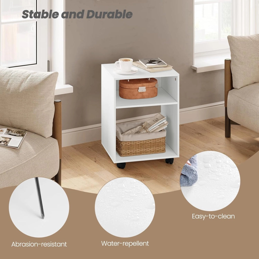 Set di 2 Comodino Tavolino con Ruote, Mobile Porta Stampante con 2 Scomparti Aperti, Comodino Bianco per Camera da Letto, Salotto, Ufficio, in Legno, 40x35x55cm, 0008CTG-2
