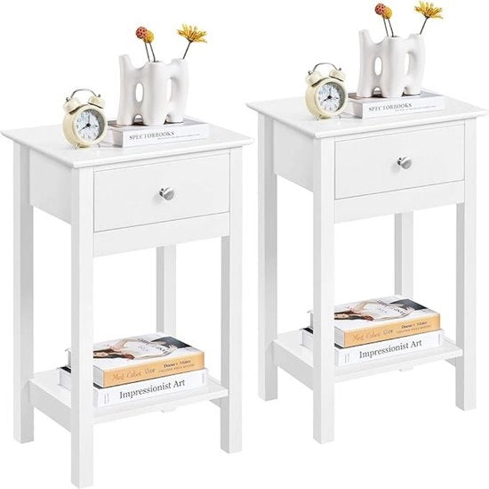 Notti, 2 pezzi, comodino, tavolo da notte, comodino con cassetto e ripiano, bianco, 61 cm alto