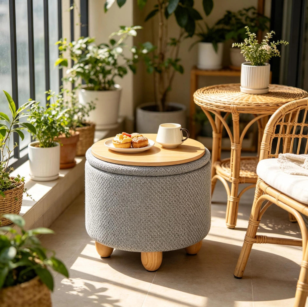 Pouf contenitore rotondo con vassoio; 39x33 cm; lino grezzo e MDF; grigio chiaro