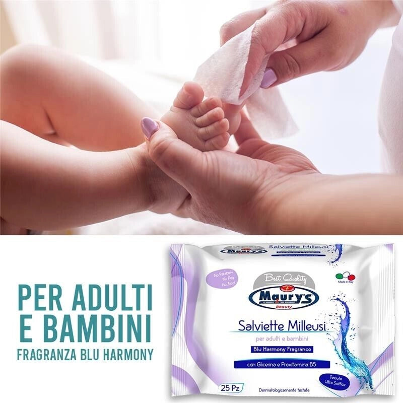 MAURY'S SALVIETTE DETERGENTI UMIDIFICATE MILLEUSI BLU HARMONY 25 PZ PER ADULTI E BAMBINI
