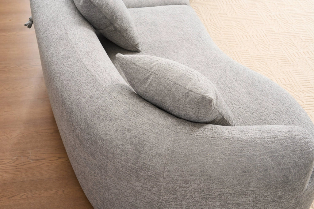 Divano modulare a 4 posti in chenille grigio, design moderno e curvo, senza montaggio