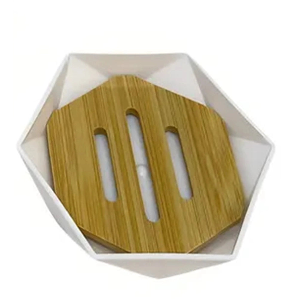 Trade Shop - Piattino Porta Sapone Saponetta Forma Esagonale Geometrico Bianco Legno Da Bagno 10838 -