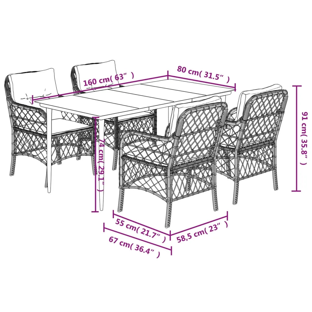 Set da Pranzo da Giardino 5 pz con Cuscini in Polyrattan Grigio