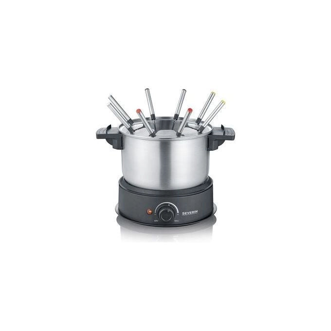 Severin 2470 Set Fonduta Elettrico 1500 W Capacita' 1,4 L 8 Forchette Colorate Paraspruzzi Rimovibile Termostato Regolabile colore Argento Nero