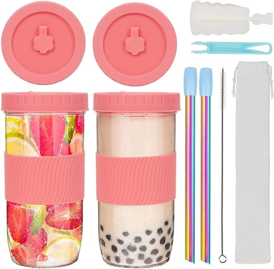 Bicchieri da Bubble Tea 24 oz con Strofinaccio e Tappo, Confezione di 2 Bicchieri con Tappo e Strofinaccio, Bicchieri da Bubble Tea, Bicchieri con Strofinaccio, Bicchieri per Smoothie, Bicchieri Tumbler per Boba Caffè Smoothie.