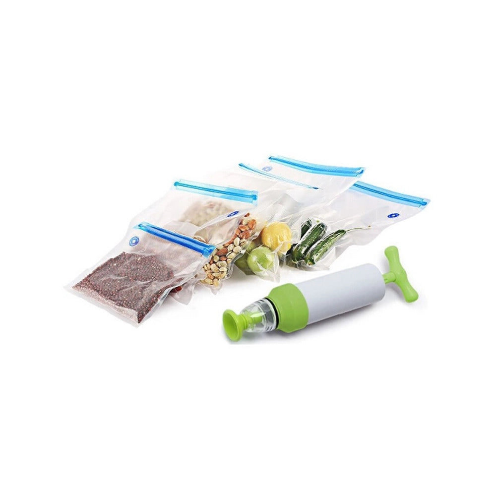 Trade Shop - Set Sacchetti Zip Sottovuoto Con Pompa A Mano 2 Clip Chiudi Buste Sigilla Chiudi -