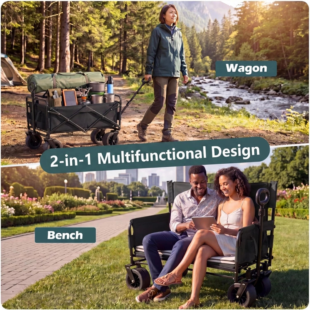 2 in 1 Carrello Spiaggia con Seduta, Carretto Pieghevole con Ruote Grandi e Cuscini Morbidi, Carrello da Campeggio, Giardino e Pesca, in Acciao Resistente, Chiusura Rapida, 80 KG, 85L (Nero)