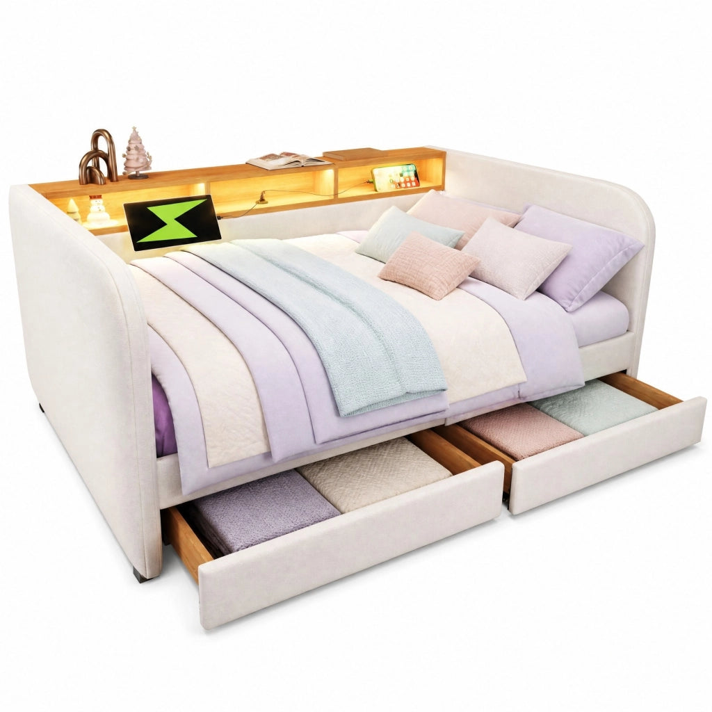 Letto imbottito 140x190 cm con LED, USB-C, 2 cassetti e testiera contenitore, beige chiaro