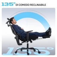 Sedia da Ufficio Ergonomica e Traspirante con Supporto Lombare Dinamico e Poggiapiedi, 73x75x120-128 cm, Nero
