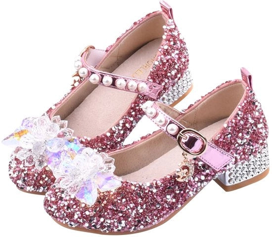 Scarpette per bambina Mary Jane - per matrimoni e feste - tacchi piatti - cinturino regolabile - punta rotonda - fiorellino brillante - scarpe a polpaccio