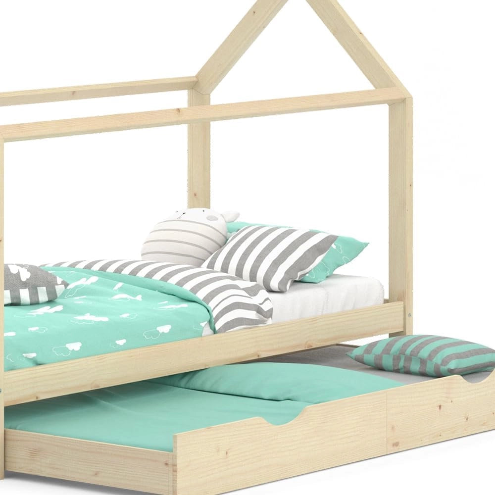 Letto da casa Wiki, Legno naturale, 90x200 cm con letto per ospiti, in legno massello con protezione anticaduta e rete a doghe
