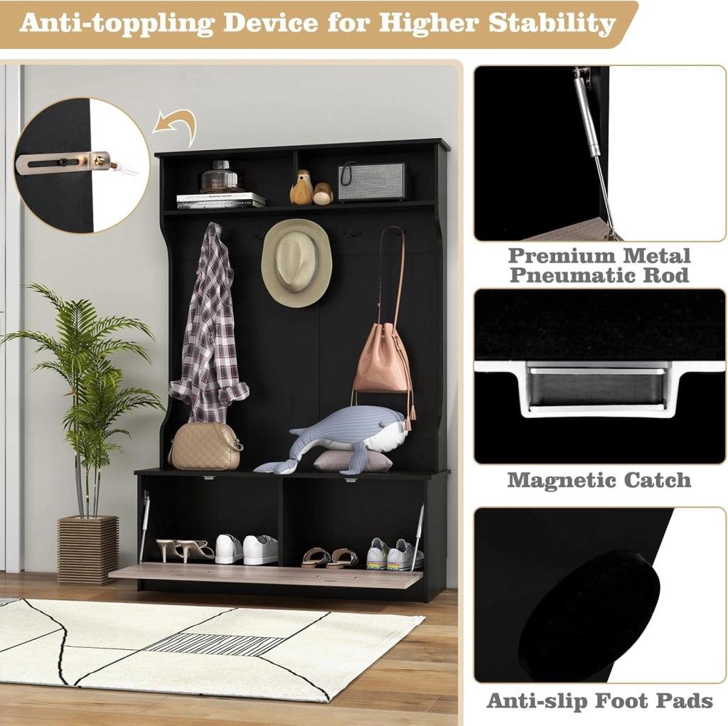 Appendiabiti con Panca da Scarpe, Armadio con Panca Portaoggetti e 5 Ganci e Scomparti, Mobile d'Ingresso Moderno per Corridoio, Camera da Letto, 100x40x160 cm (Nero)