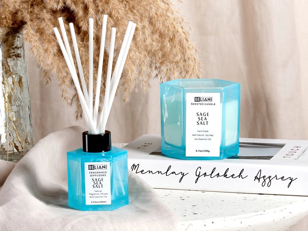 Set candela profumata in cera di soia 100% e diffusore con bastoncini, stoppino di cotone, vetro profumo fresco sale marino di salvia