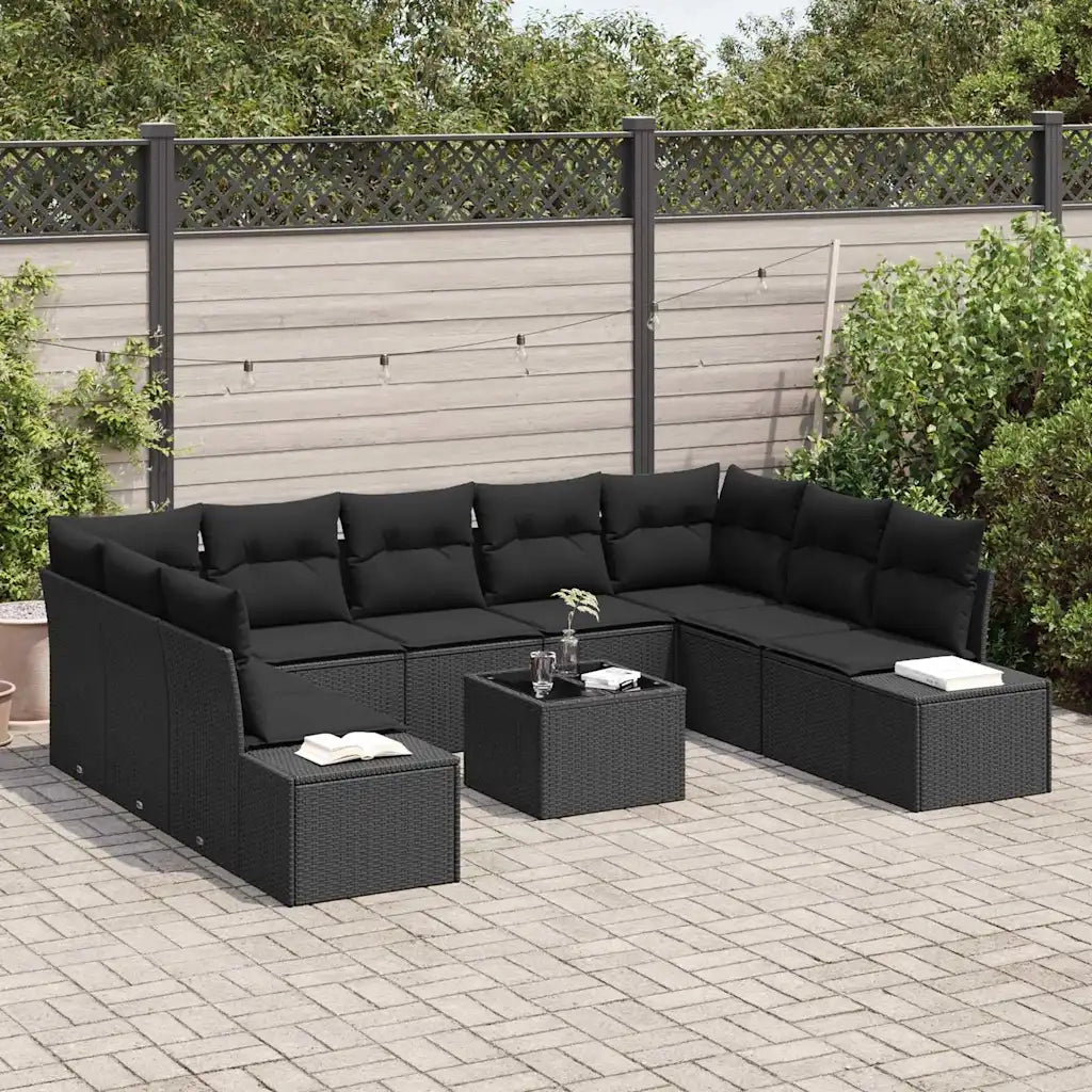 Set Divano da Giardino con cuscino 9 pcs Nero Polyrattan