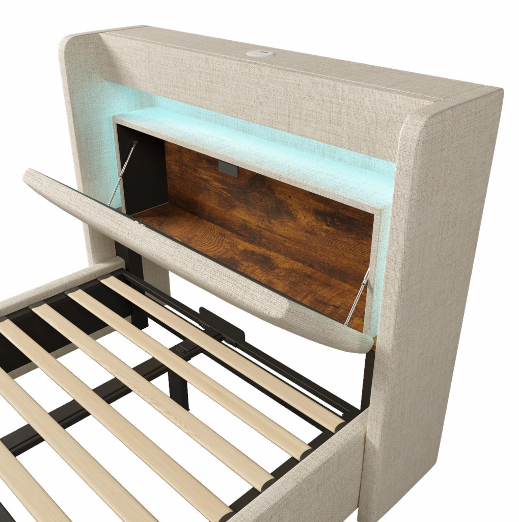 Letto contenitore 90x200 cm con LED; USB e USB C; beige; lino