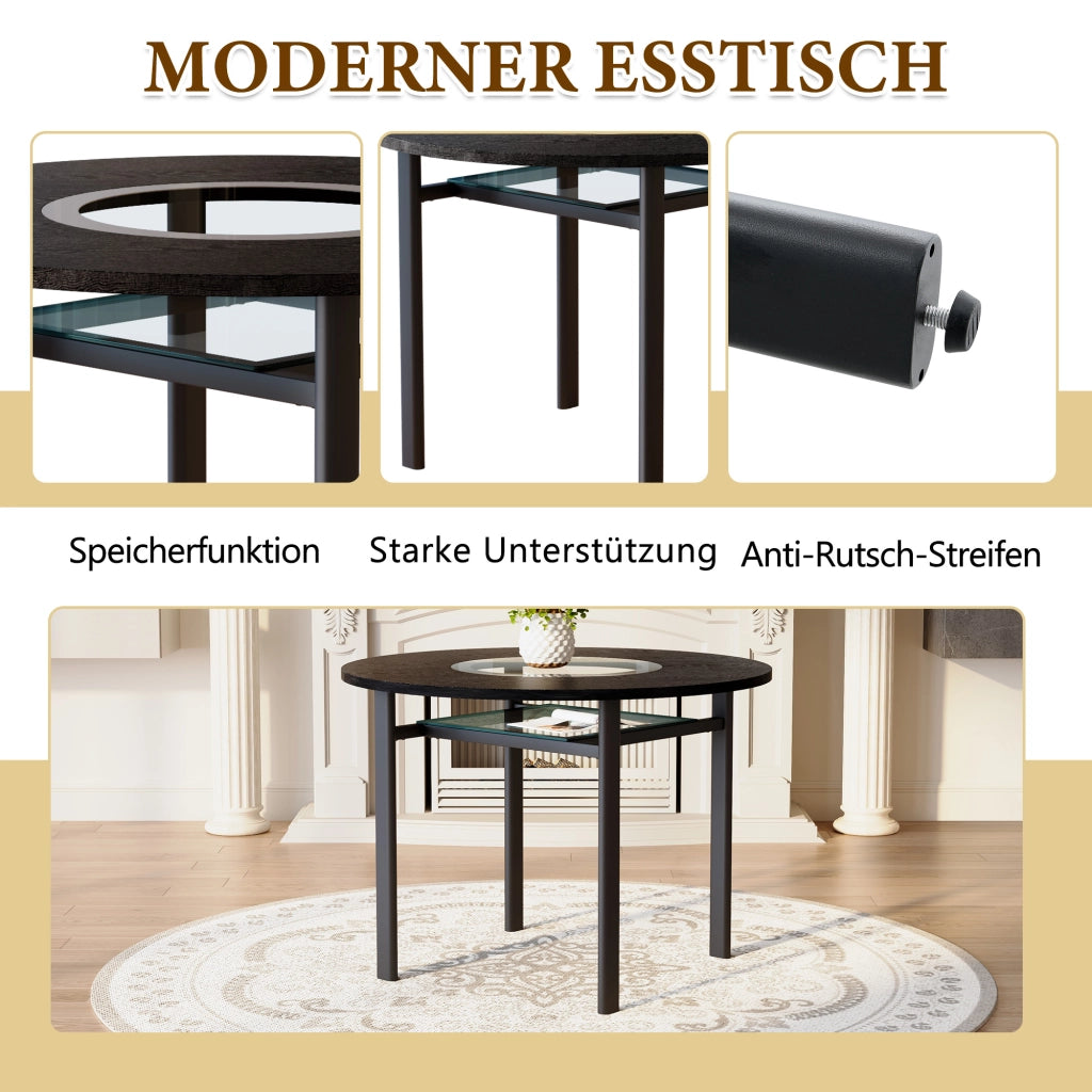 Tavolo da pranzo rotondo con 2 sedie, piano in MDF e vetro, stile minimalista, per soggiorno, nero, diametro 100 cm