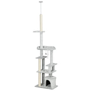EasyComfort Albero Tiragraffi per Gatti a Soffitto con Piattaforme e Casetta, 60x40x225-255cm, Grigio