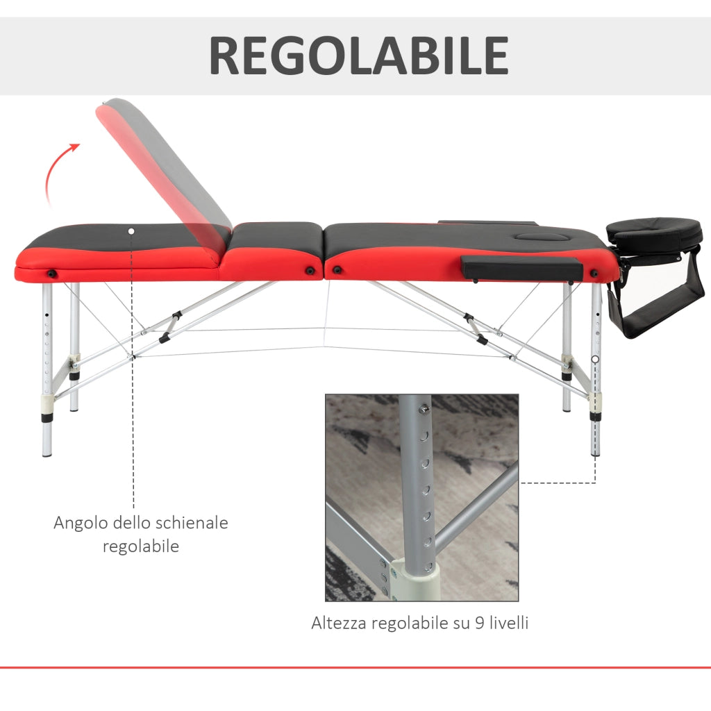 Lettino da Massaggio Pieghevole ad Altezza Regolabile, Lettino Professionale per Massaggi in Alluminio e Plastica, 215x81x61-84 cm, Nero e Rosso