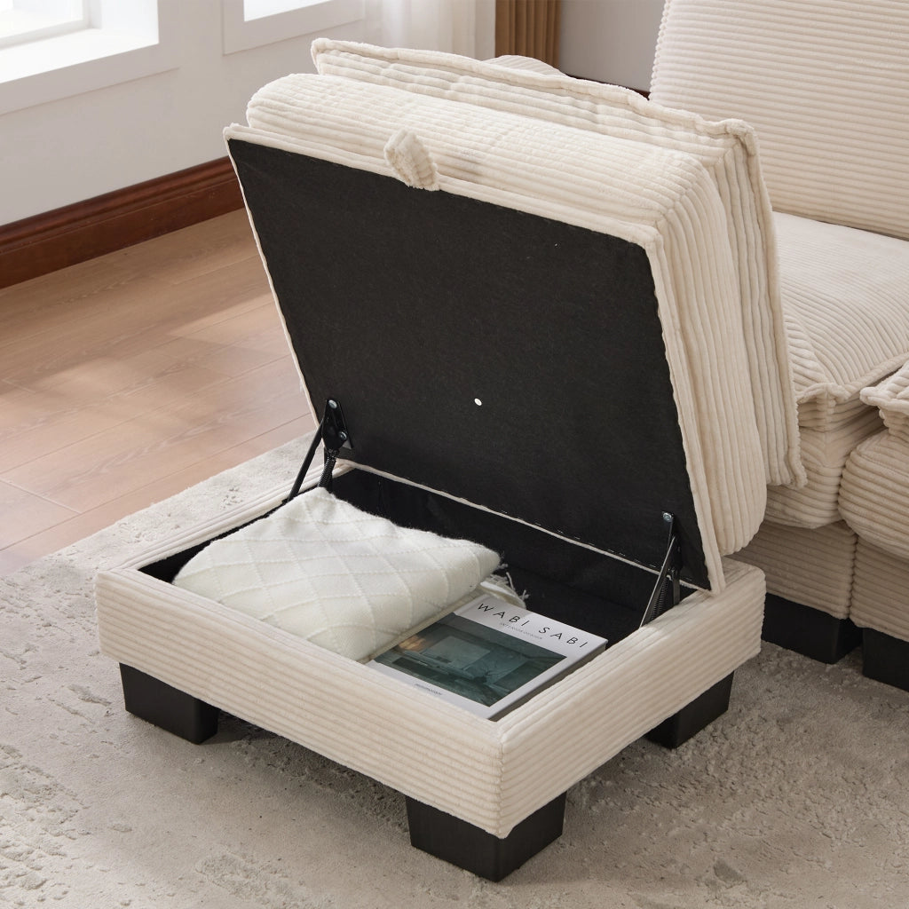 Divano modulare a 3 posti con USB-C, tasche laterali e contenitore, in velluto a coste, Beige