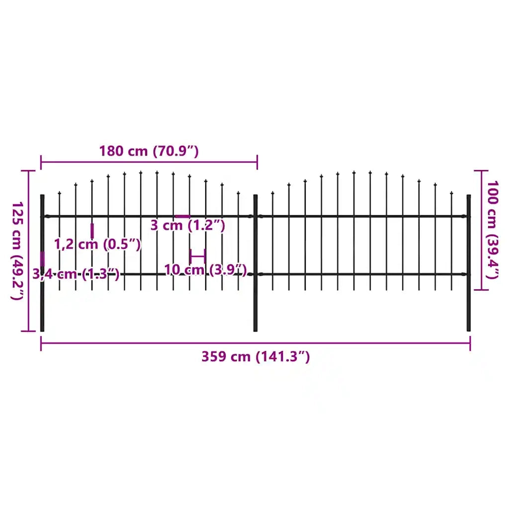 Recinzione da Giardino con Punta a Lancia in Acciaio 359x125 cm Nero 277722