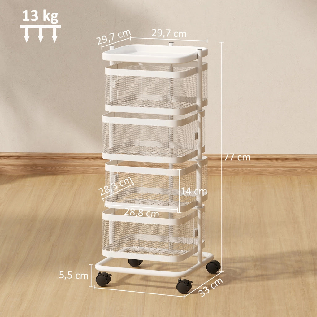 Carrello con 4 cestelli girevoli su ruote ¨C zephmum ¨C bianco, acciaio, 33x33x77cm