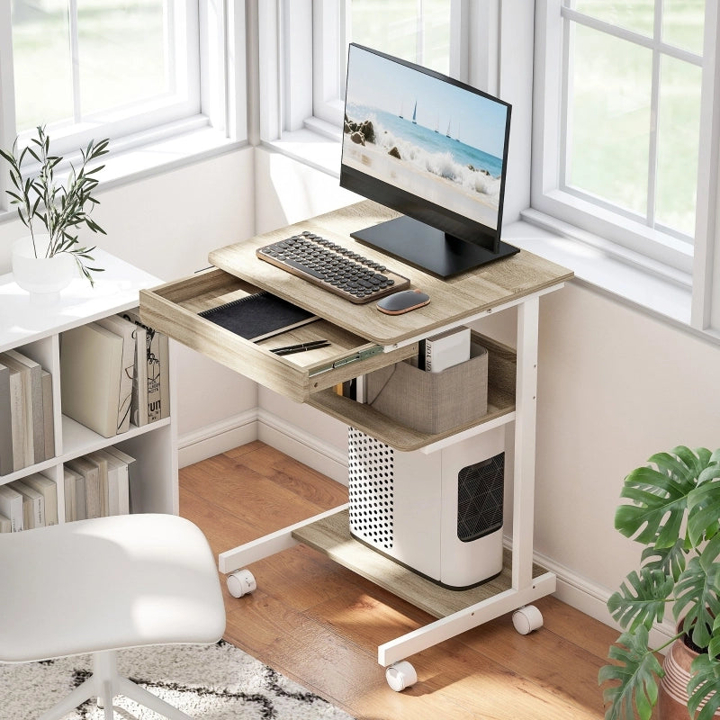 SCRIVANIA COMPATTA 56 x 51 cm con cassetto e ripiani, rovere, su ruote