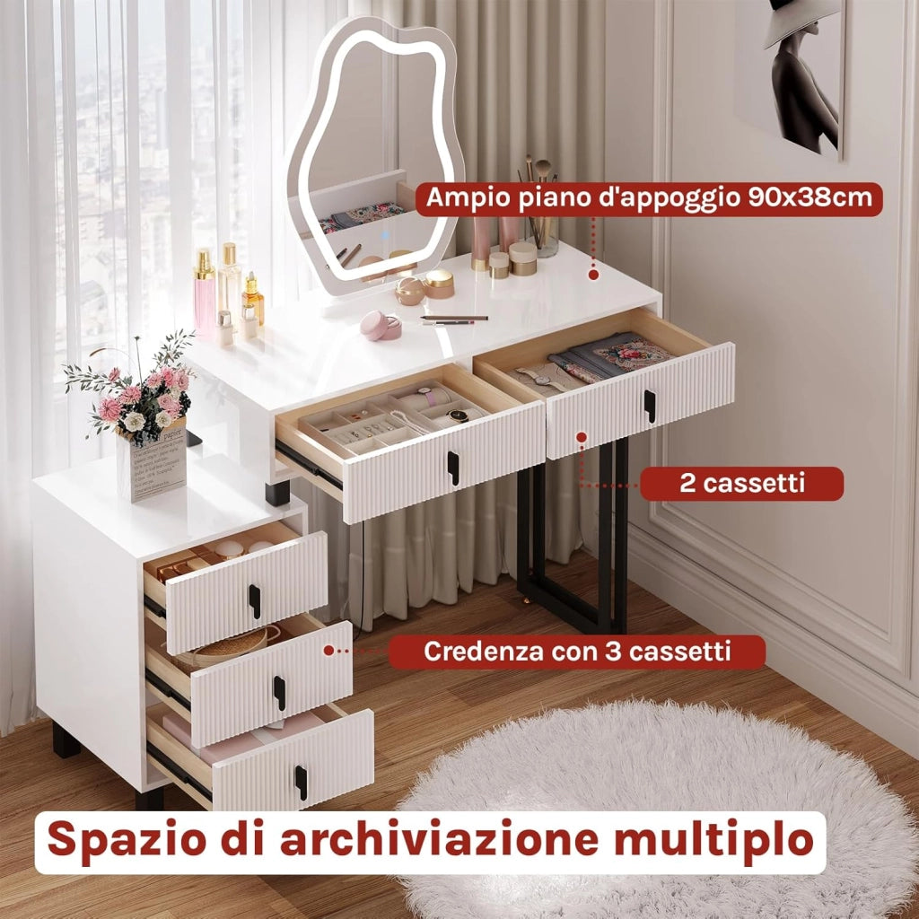 Toeletta con Luce LED, Luminosità Regolabile, Specchio a Nuvola, Piano Lucido, 5 Cassetti in Legno Massiccio, 1 Cassettiera, Moderno, Bianco e Nero, MB6118ws
