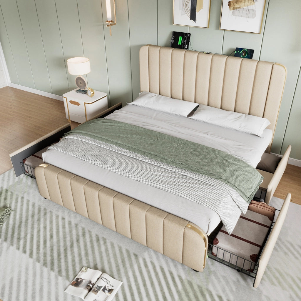 Letto matrimoniale 140x190 cm; testiera con ricarica USB e Type-C; lino e legno; beige (Senza materasso)
