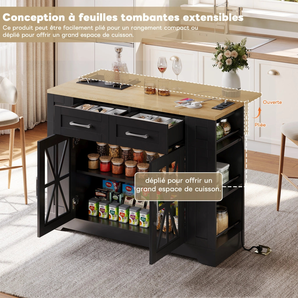 Carrello da Cucina con 2 Ante in Vetro; 6 Ripiani Aperti; Tavolo Ribaltabile; Prese AC e USB; 120x40x92 cm