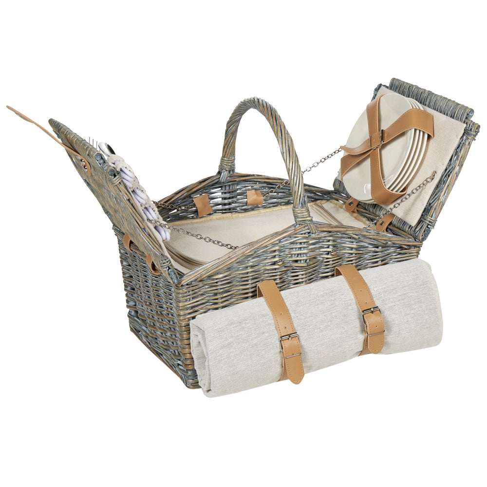 Cesto da picnic per 4 persone in vimini naturale e grigio con set di posate, piatti, bicchieri da vino e borsa termica con cavatappi Coperta inclusa Finitura