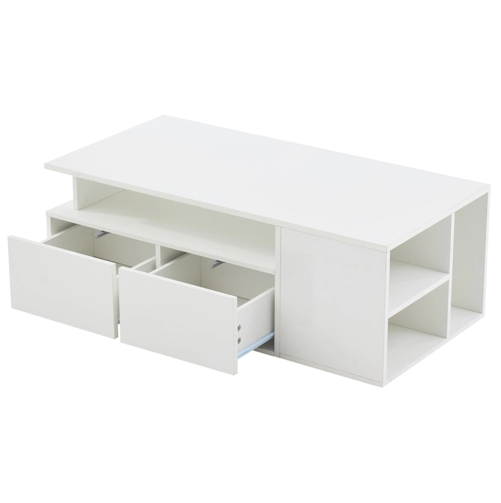 Tavolino da salotto bianco lucido 100 x 50 x 35 cm con LED; 2 cassetti e ripiani
