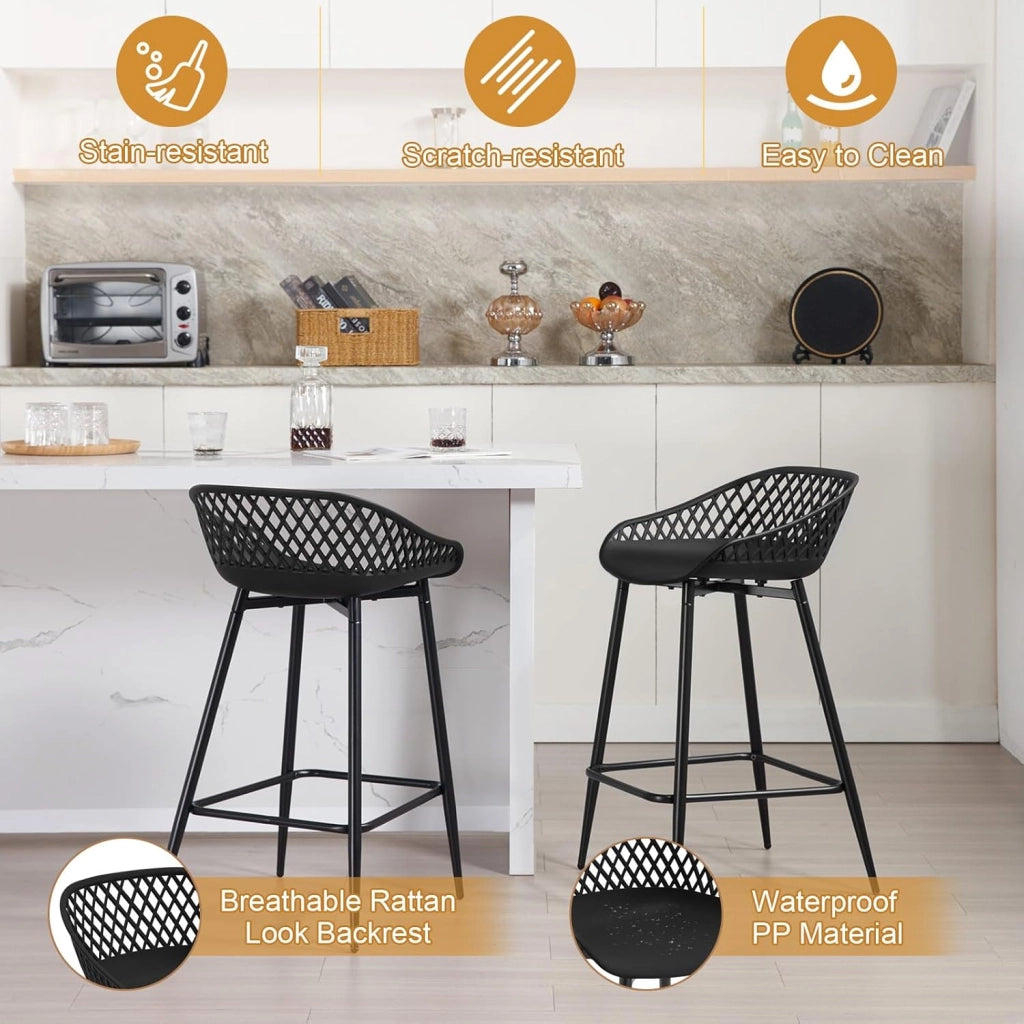 Sgabelli da Bar Set di 2 per Colazione, Sgabelli da Cucina con Poggiapiedi e Schienale, Seduta in Plastica, Neri, BH417sz-2