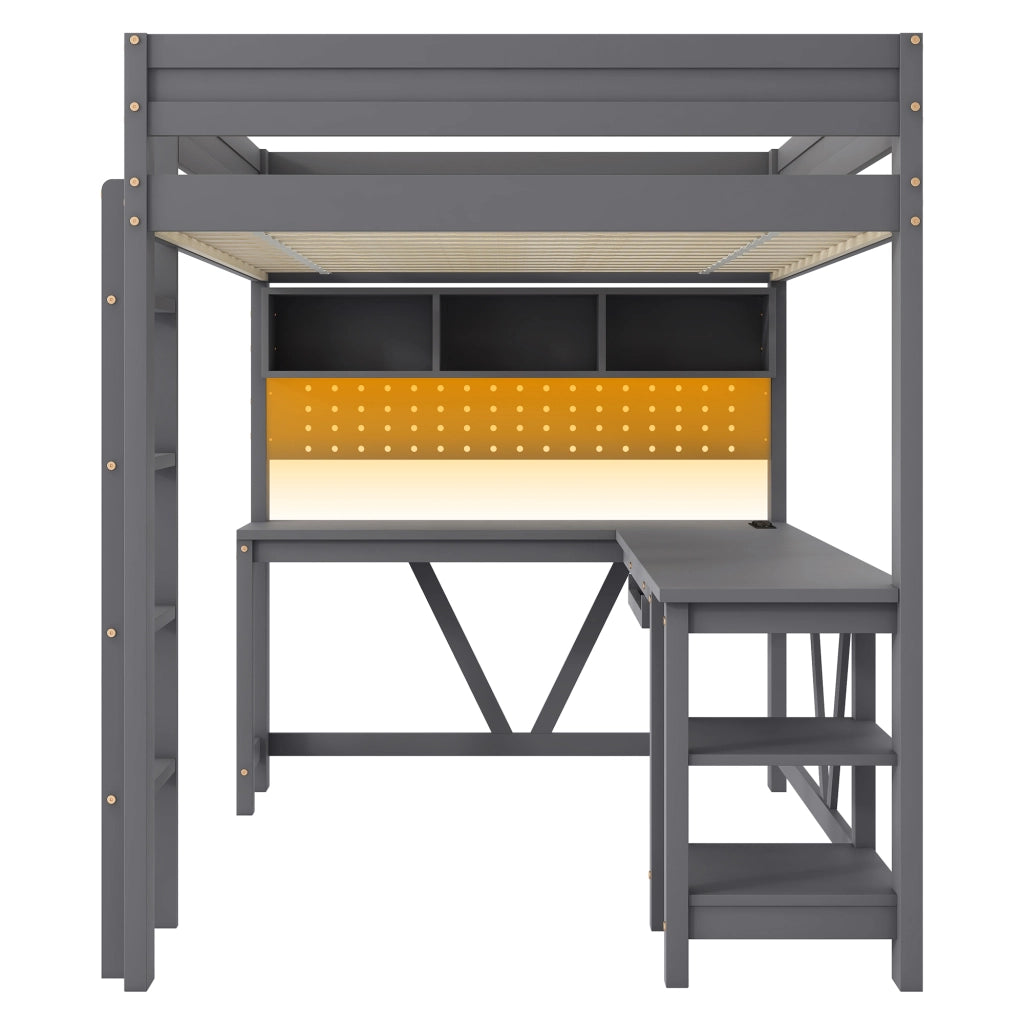 Letto a soppalco 205x95x170 cm con scrivania e LED; legno grigio