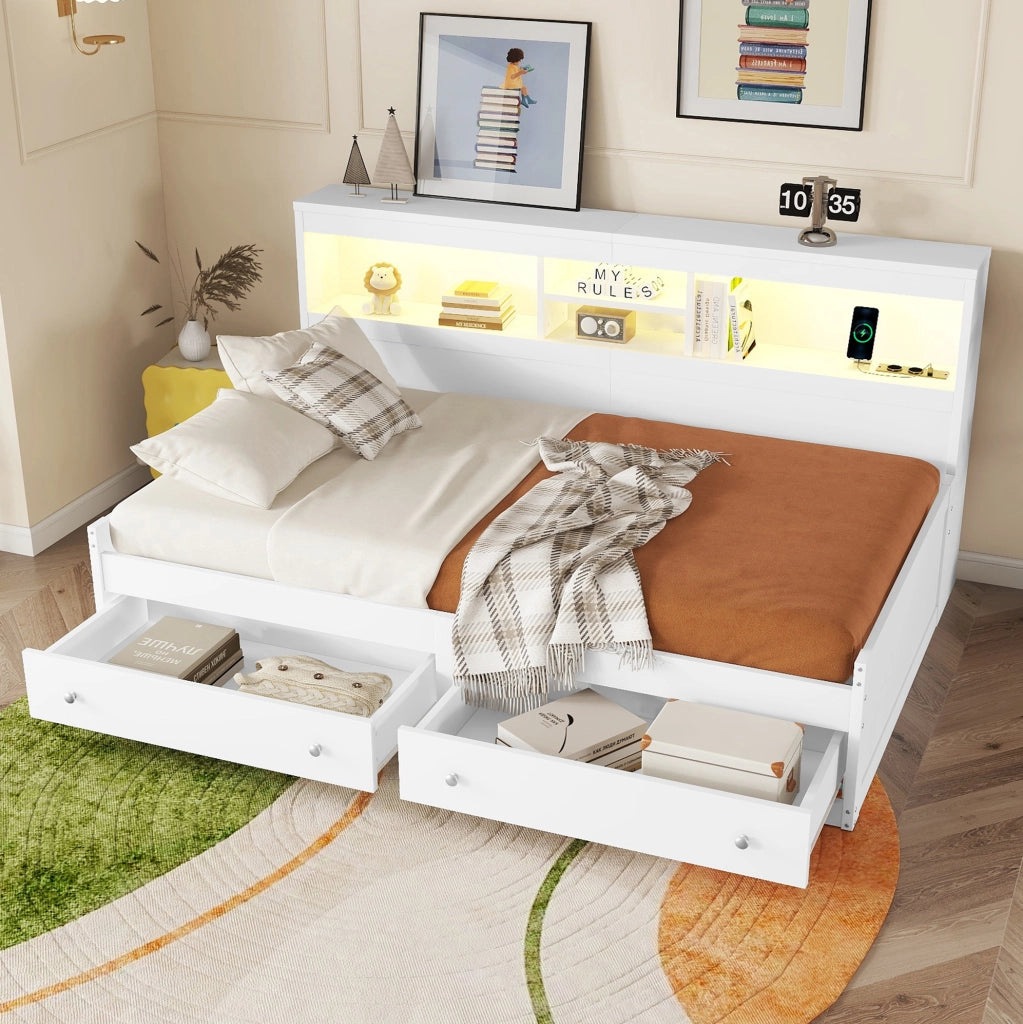Divano letto 90x200 cm con LED e USB; prese e 2 cassetti truciolare bianco (Senza materasso)