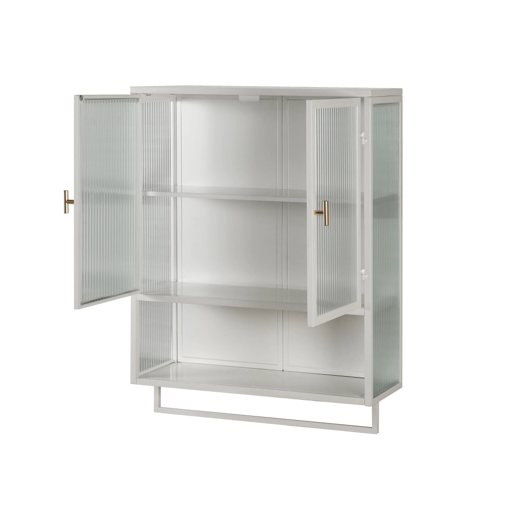 Pensile da Parete con 2 Ante in Vetro; 2 Livelli; Ripiano Aperto e Porta Asciugamani; Metallo; 60×23×78 cm; Bianco