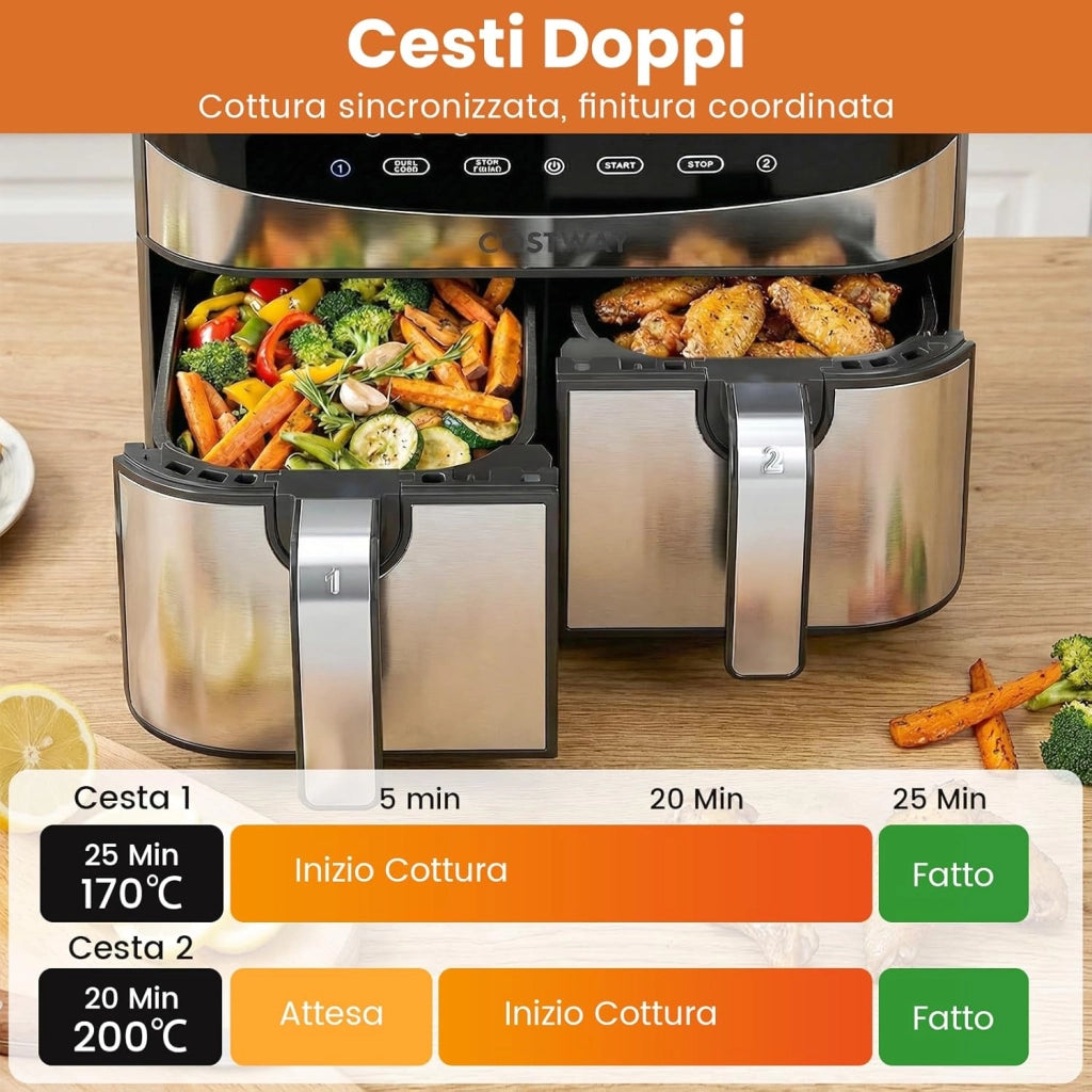 8L Friggitrice ad Aria, 2100W 10 in 1 Friggitrice a Doppio Cestello con Aria Calda a 360°, Timer, Touchscreen Digitale, 40-200℃, Lavabile in Lavastoviglie