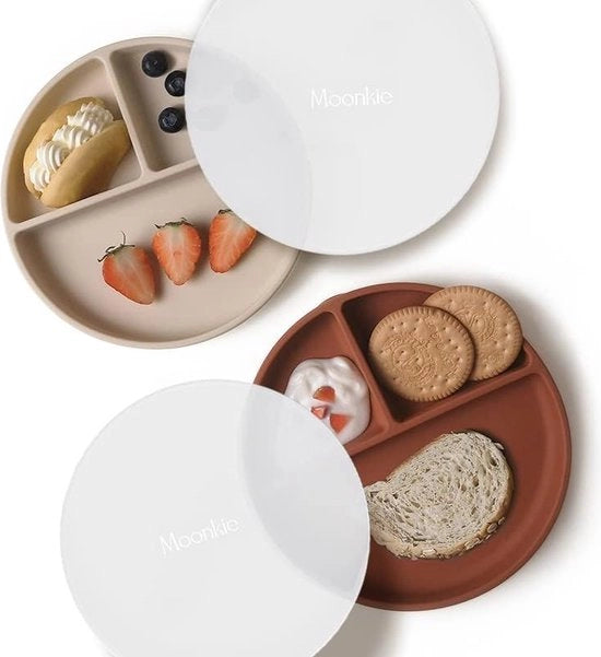 Piatti per bambini e bambini in età prescolare, piatti in silicone BPA liberi con coperchio, magnetron e lavastoviglie resistenti, confezione da 2 pezzi (Shifting Sand/Croissant)