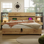 LETTO Matrimoniale 180x200 cm con testiera contenitore, MDF e metallo, Rovere