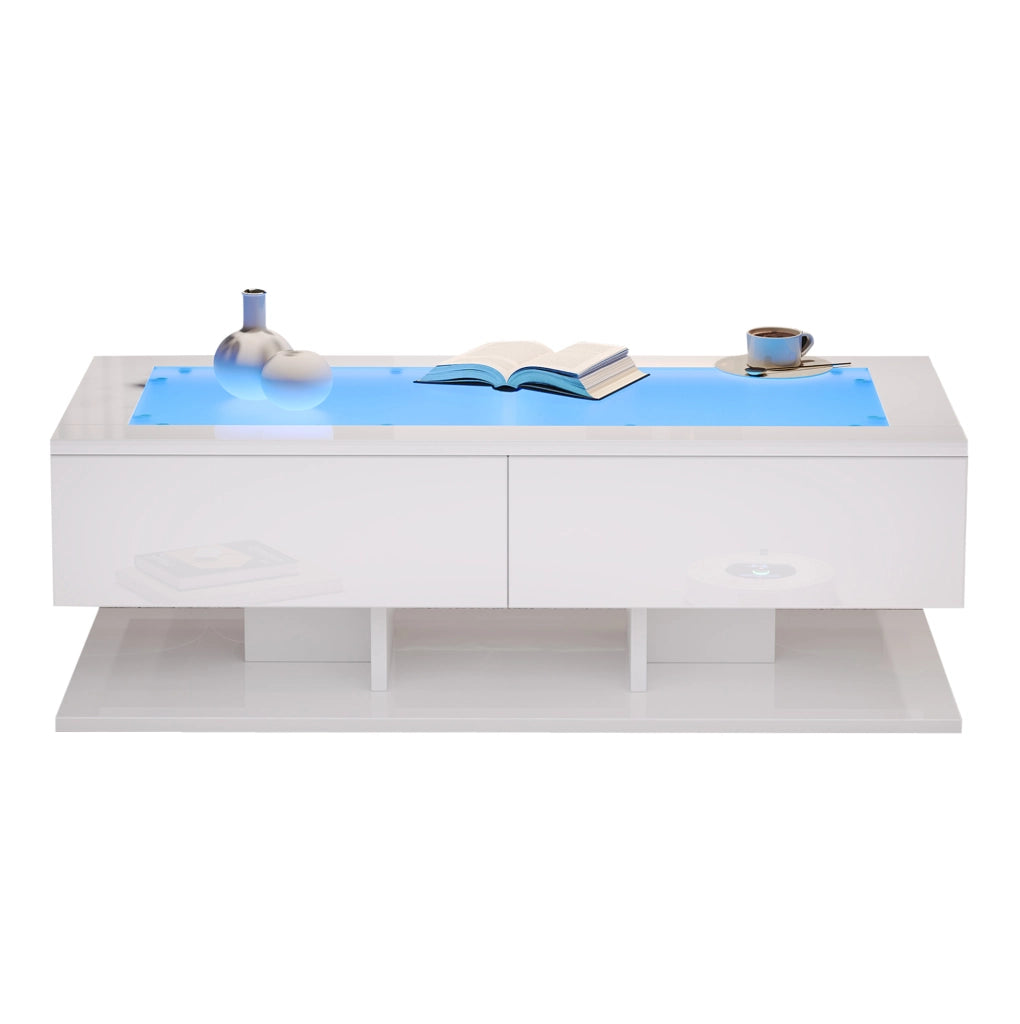 Tavolino da salotto 100x50x35 cm bianco lucido con 2 cassetti; piano in vetro temperato e LED
