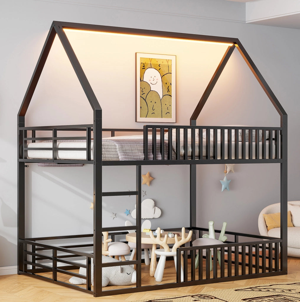 Letto a castello a forma di casa 140x200 cm con corrimano e luce LED, nero