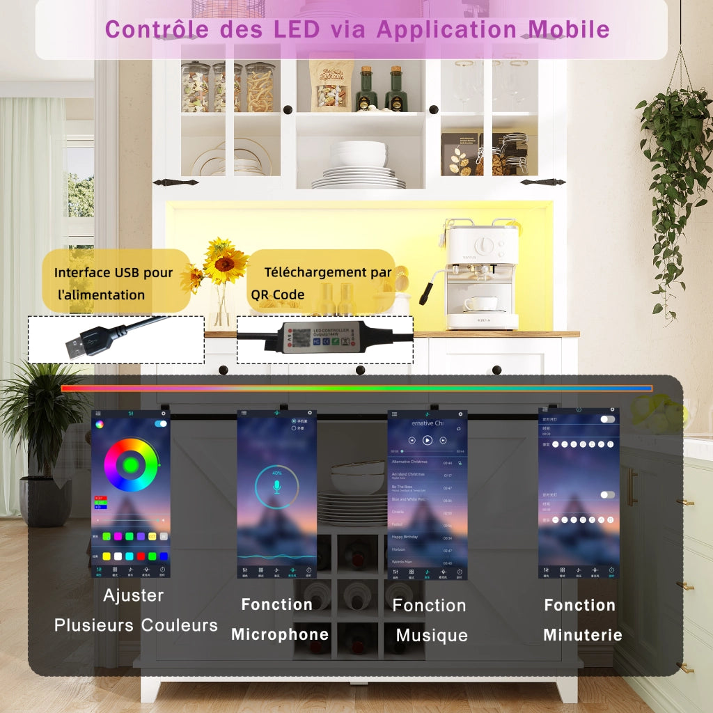 Credenza Alta da Cucina con Ante in Vetro; Ripiani Regolabili e LED; per Cucina; Bianca; 105x38;4x180 cm