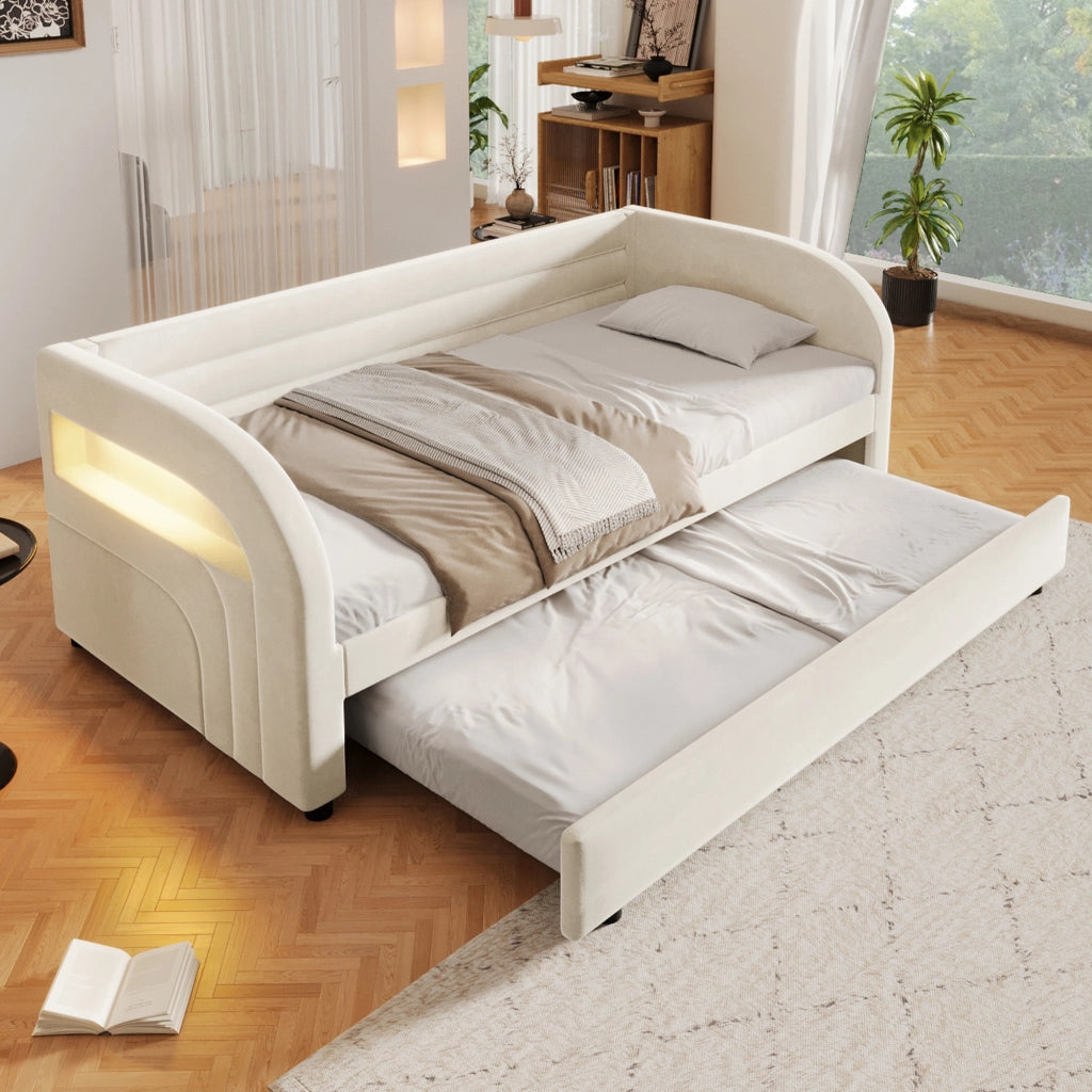 Letto Estraibile 90x200 cm; LED; con letto estraibile - in Flanella - Beige