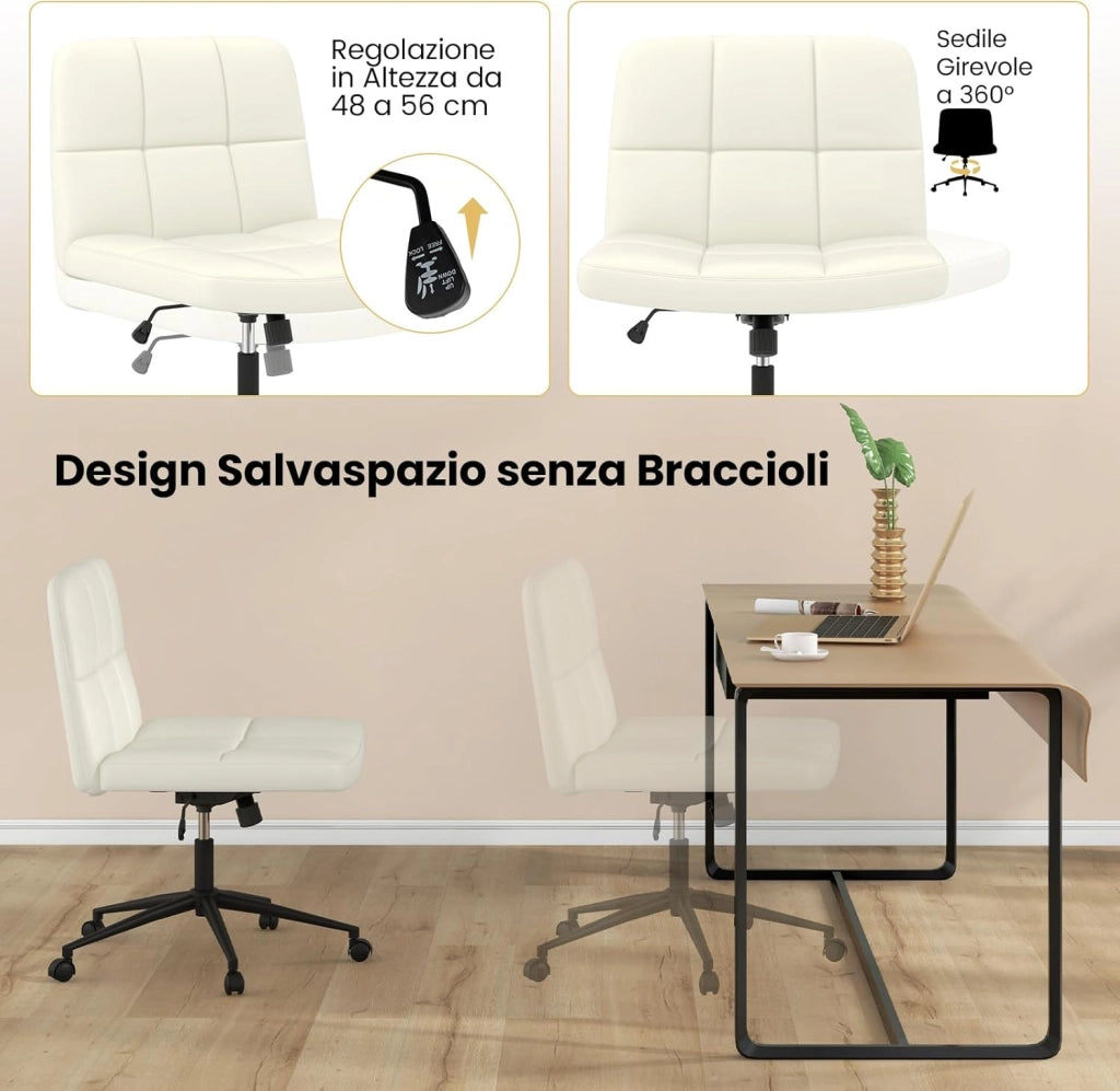 Sedia da Ufficio con Ruote, Sedia Scrivania a Gambe Incrociate Rivestita in Pelle PU, Sedia Ufficio con Altezza e Regolabile Regolabile, Sedai senza Braccioli, Portata 150 kg (Beige)