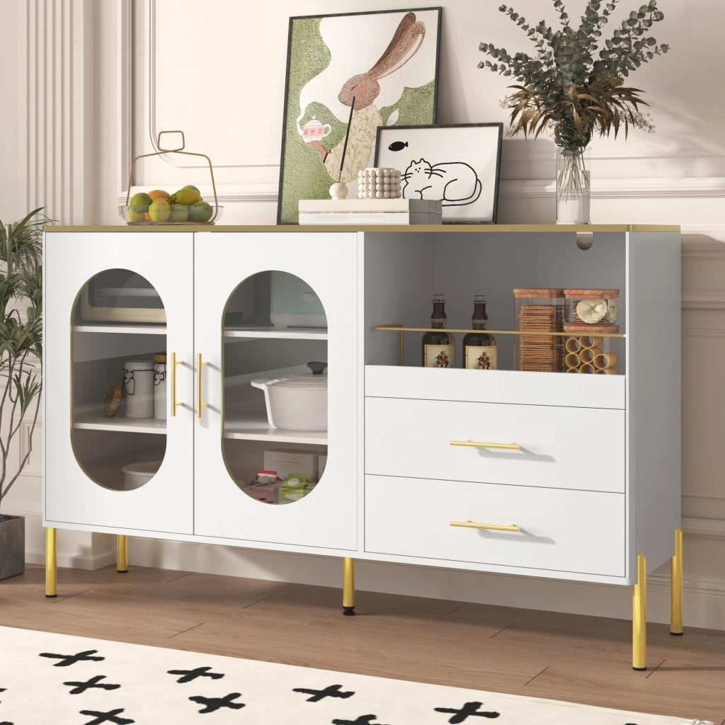 Credenza e Madia con 2 Cassetti e 2 Ante in Vetro; Passacavi; Stile Moderno; in MDF; Bianco; 140??38??90 cm