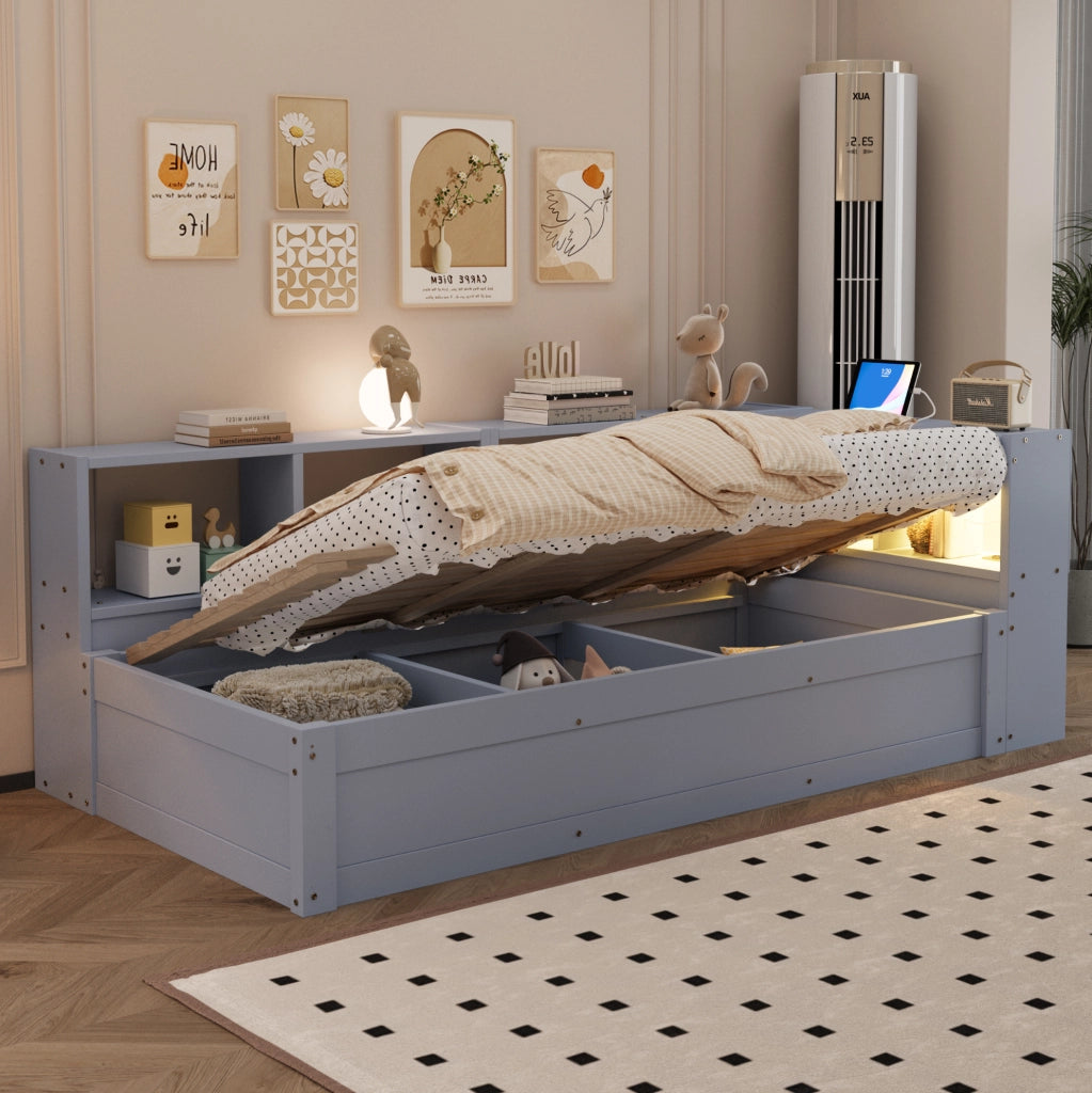 Letto singolo multifunzione 90x200 cm con LED e vani