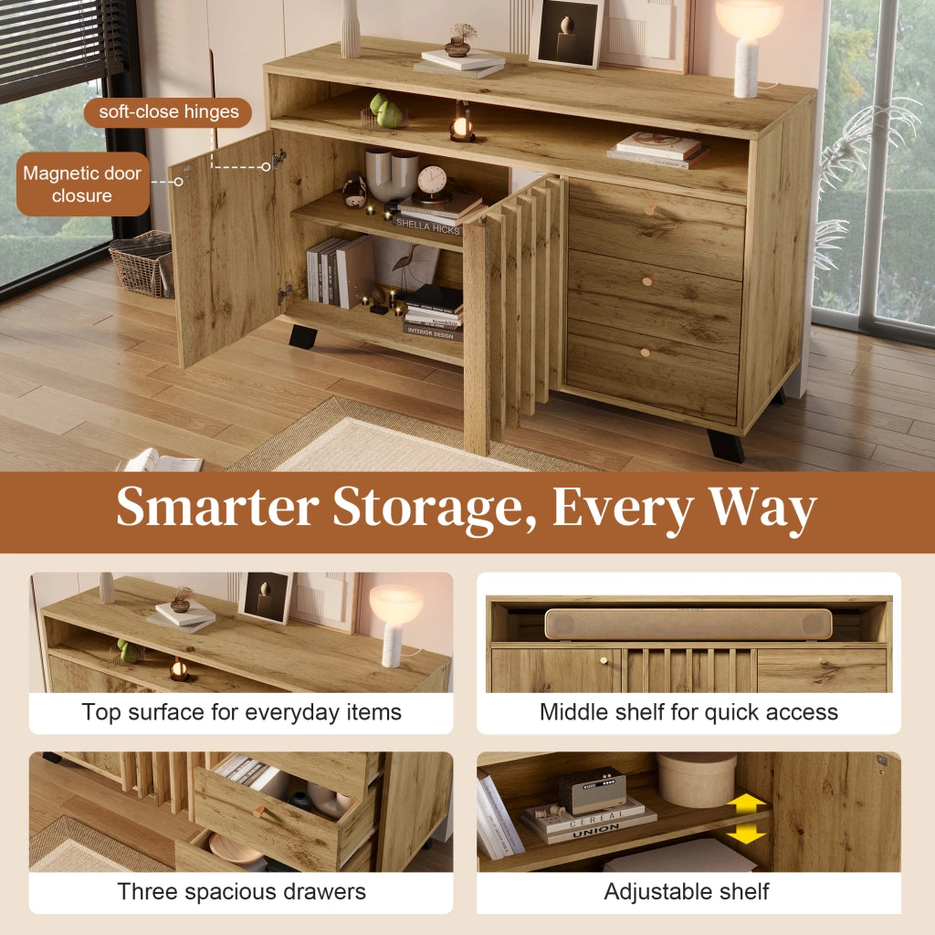 OKWISH Credenza Vintage con 2 Ante 3 Cassetti e Vano Aperto Ripiano Regolabile per Soggiorno Ingresso 120 x 40 x 85 cm